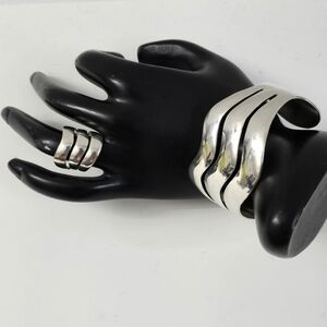 Chunky Sterling Silver 925 Cursive Cuff and Matching Ring